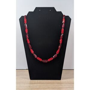 Red Beaded Necklace 31 Inch Rectangular Glass Beads Statement Costume Jewelry